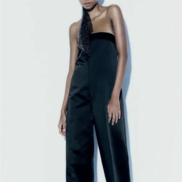 Zara Black Rhinestone Satin Jumpsuit sz M